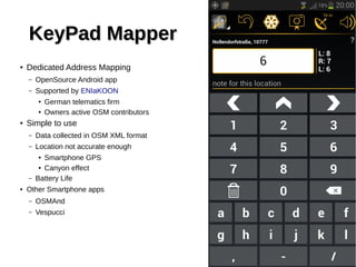 KeyPad MapperKeyPad Mapper
● Dedicated Address Mapping
– OpenSource Android app
– Supported by ENIaKOON
● German telematic...
