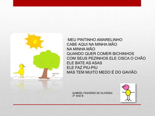 MEU PINTINHO AMARELINHO
CABE AQUI NA MINHA MÃO
NA MINHA MÃO
QUANDO QUER COMER BICHINHOS
COM SEUS PEZINHOS ELE CISCA O CHÃO
ELE BATE AS ASAS
ELE FAZ PIU-PIU
MAS TEM MUITO MEDO É DO GAVIÃO.




  GABRIEL PINHEIRO DE OLIVEIRA
  2º ANO B
 