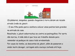 Os pássaros, zangados, quando chegaram à terra deram um recado
errado à mãe do jabuti:
- O seu filho pediu para a senhora colocar umas pedras bem grandes
na entrada da casa.
Resultado: o jabuti esborrachou-se contra os pedregulhos. Por sorte
não morreu. A mãe dele é que teve um trabalho danado para
remendar os pedaços do casco todo arrebentado.
Por causa do tombo, os descentes do jabuti, além de passarem a
andar muito devagar, carregam esta couraça rachada até hoje.
 