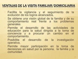  Facilita la vigilancia y el seguimiento de la
evolución de los logros alcanzados.
 Se obtiene una visión global de la familia y de su
comportamiento real frente a los problemas
generales
 Permite el desarrollo de las actividades de
educación para la salud dirigida a la toma de
conciencia y a procurar un cambio en el
comportamiento.
 Posibilita el desarrollo de la investigación
operativa.
 Permite mayor participación en la toma de
decisiones en salud por la persona, la familia y la
comunidad.
21
 