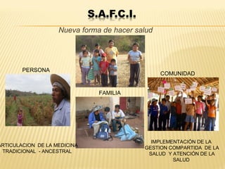 Nueva forma de hacer salud
PERSONA
FAMILIA
COMUNIDAD
ARTICULACION DE LA MEDICINA
TRADICIONAL - ANCESTRAL
IMPLEMENTACIÓN DE LA
GESTION COMPARTIDA DE LA
SALUD Y ATENCIÓN DE LA
SALUD
 