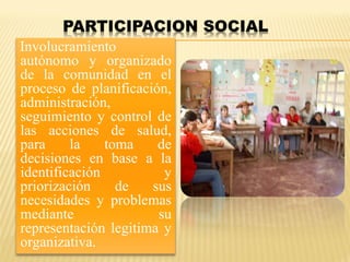Involucramiento
autónomo y organizado
de la comunidad en el
proceso de planificación,
administración,
seguimiento y control de
las acciones de salud,
para la toma de
decisiones en base a la
identificación y
priorización de sus
necesidades y problemas
mediante su
representación legitima y
organizativa.
 