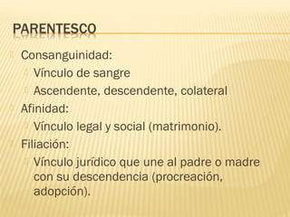  Consanguinidad:
 Vínculo de sangre
 Ascendente, descendente, colateral
 Afinidad:
 Vínculo legal y social (matrimonio).
 Filiación:
 Vínculo jurídico que une al padre o madre
con su descendencia (procreación,
adopción).
 