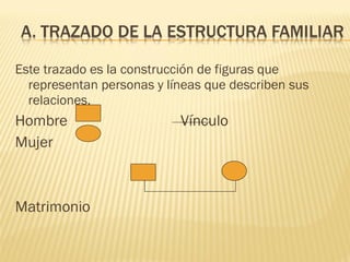 Este trazado es la construcción de figuras que
representan personas y líneas que describen sus
relaciones.
Hombre Vínculo
Mujer
Matrimonio
 