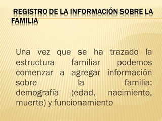 Una vez que se ha trazado la
estructura familiar podemos
comenzar a agregar información
sobre la familia:
demografía (edad, nacimiento,
muerte) y funcionamiento
 