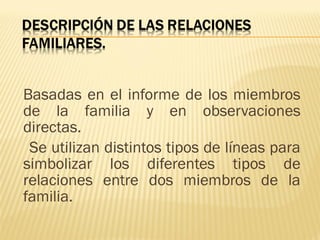 Basadas en el informe de los miembros
de la familia y en observaciones
directas.
Se utilizan distintos tipos de líneas para
simbolizar los diferentes tipos de
relaciones entre dos miembros de la
familia.
 