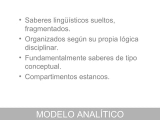 • Saberes lingüísticos sueltos,
  fragmentados.
• Organizados según su propia lógica
  disciplinar.
• Fundamentalmente saberes de tipo
  conceptual.
• Compartimentos estancos.




     MODELO ANALÍTICO
 