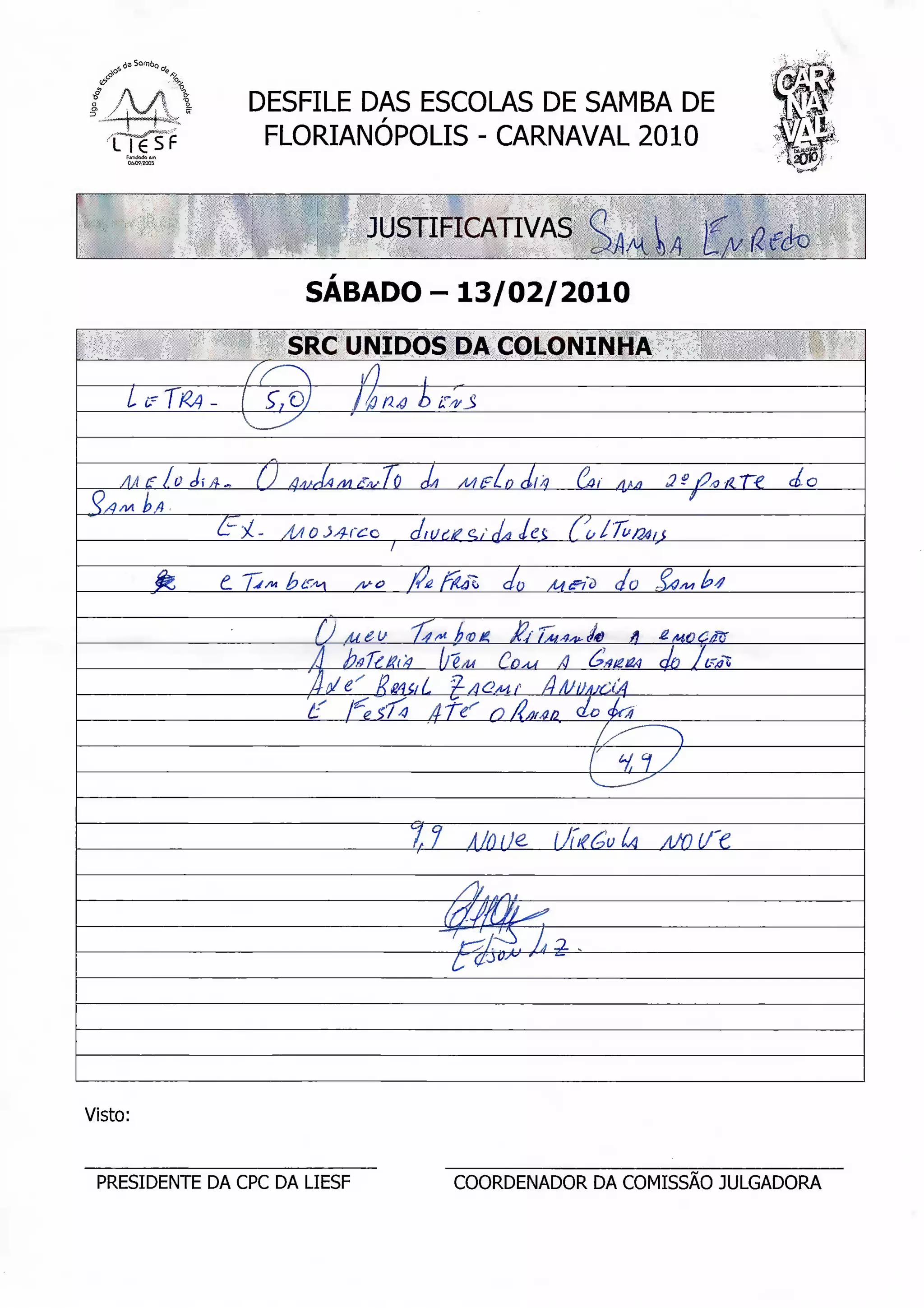 4?                                                                            ii ».•
                              DESFILE DAS ESCOLAS DE SAMBA DE                     [ài

       L 16 S F                FLORIANÓPOLIS - CARNAVAL 2010                 m
                                       JUSTIFICATIVAS

                                    SÁBADO - 13/02/2010
                                   SRC UNIDOS DA COLONINHA



       AÃ         11) h A „    U           J/i   M PL o d i g
            t>.




                                          I4      (Q A




                                            AT*' n
                                                                L
                                                                    ti

                                          Í? X/d//e




Visto:


 PRESIDENTE DA CPC DA LIESF                      COORDENADOR DA COMISSÃO JULGADORA
 