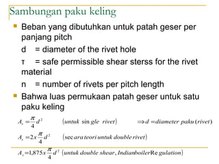 Sambungan paku keling
 Beban yang dibutuhkan untuk patah geser per
panjang pitch
d = diameter of the rivet hole
τ = safe permissible shear sterss for the rivet
material
n = number of rivets per pitch length
 Bahwa luas permukaan patah geser untuk satu
paku keling
( )
( )
( )gulationboilerIndiansheardoubleuntukdxA
rivetdoubleuntukteoriaradxA
rivetpakudiameterdrivetgleuntukdA
s
s
s
Re,
4
875,1
sec
4
2
)(sin
4
2
2
2
π
π
π
=
=
=⇒=
 