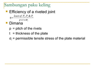 Sambungan paku keling
 Efficiency of a riveted joint
 Dimana
p = pitch of the rivets
t = thickness of the plate
σt = permissible tensile stress of the plate material
t
cst
xtxp
PPPofleast
σ
η
&,
=
 