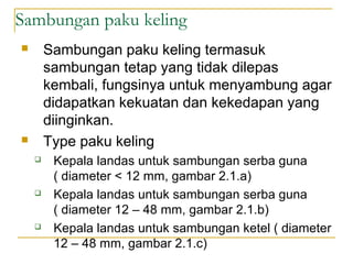 Sambungan paku keling
 Sambungan paku keling termasuk
sambungan tetap yang tidak dilepas
kembali, fungsinya untuk menyambung agar
didapatkan kekuatan dan kekedapan yang
diinginkan.
 Type paku keling
 Kepala landas untuk sambungan serba guna
( diameter < 12 mm, gambar 2.1.a)
 Kepala landas untuk sambungan serba guna
( diameter 12 – 48 mm, gambar 2.1.b)
 Kepala landas untuk sambungan ketel ( diameter
12 – 48 mm, gambar 2.1.c)
 