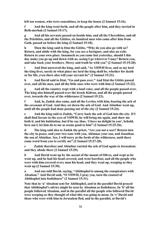 left ten women, who were concubines, to keep the house (2 Samuel 15:16).
f And the king went forth, and all the people after him, and they tarried in
Beth-merhak (2 Samuel 15:17).
g And all his servants passed on beside him, and all the Cherethites, and all
the Pelethites, and all the Gittites, six hundred men who came after him from
Gath, passed on before the king (2 Samuel 15:18).
h Then the king said to Ittai the Gittite, “Why do you also go with us?
Return, and abide with the king, for you are a foreigner, and also an exile.
Return to your own place. Inasmuch as you came but yesterday, should I this
day make you go up and down with us, seeing I go wherever I may? Return you,
and take back your brothers. Mercy and truth be with you” (2 Samuel 15:19-20).
i And Ittai answered the king, and said, “As YHWH lives, and as my lord
the king lives, surely in what place my lord the king shall be, whether for death
or for life, even there also will your servant be” (2 Samuel 15:21).
h And David said to Ittai, “Go and pass over.” And Ittai the Gittite passed
over, and all his men, and all the little ones who were with him (2 Samuel 15:22).
g And all the country wept with a loud voice, and all the people passed over.
The king also himself passed over the brook Kidron, and all the people passed
over, towards the way of the wilderness (2 Samuel 15:23).
f And, lo, Zadok also came, and all the Levites with him, bearing the ark of
the covenant of God. And they set down the ark of God. And Abiathar went up,
until all the people had done passing out of the city (2 Samuel 15:24).
e And the king said to Zadok, “Carry back the ark of God into the city. If I
shall find favour in the eyes of YHWH, he will bring me again, and show me
both it, and his habitation, but if he say thus, ‘I have no delight in you’, behold,
here am I, let him do to me as seems good to him” (2 Samuel 15:25-26).
d The king said also to Zadok the priest, “Are you not a seer? Return into
the city in peace, and your two sons with you, Ahimaaz your son, and Jonathan
the son of Abiathar. See, I will tarry at the fords of the wilderness, until there
come word from you to certify me” (2 Samuel 15:27-28).
c Zadok therefore and Abiathar carried the ark of God again to Jerusalem:
and they abode there (2 Samuel 15:29).
b And David went up by the ascent of the mount of Olives, and wept as he
went up, and he had his head covered, and went barefoot, and all the people who
were with him covered every man his head, and they went up, weeping as they
went up (2 Samuel 15:30).
a And one told David, saying, “Ahithophel is among the conspirators with
Absalom.” And David said, “O YHWH, I pray you, turn the counsel of
Ahithophel into foolishness” (2 Samuel 15:31).
Note that in ‘a’ Absalom sent for Ahithophel, and in the parallel David prayed
that Ahithiophel’s advice might be seen by Absalom as foolishness. In ‘b’ all the
people followed Absalom, and in the parallel all the people who followed David
were weeping as they thought of what this was going to mean. In ‘c’ David and
those who were with him in Jerusalem fled, and in the parallel, at David’s
56
 