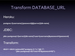 Transform DATABASE_URL
Heroku:
postgres://[username]:[password]@[server]/[db-name]



JDBC:
jdbc:postgresql://[server]/[db-name]?user=[username]&password=[password]



Transform:
dbUrl = dbUrl.replaceAll("postgres://(.*):(.*)@(.*)",
               "jdbc:postgresql://$3?user=$1&password=$2");
 