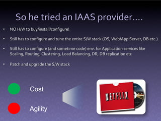 So he tried an IAAS provider….
•   NO H/W to buy/install/configure!

•   Still has to configure and tune the entire S/W stack (OS, Web/App Server, DB etc.)

•   Still has to configure (and sometime code) env. for Application services like
    Scaling, Routing, Clustering, Load Balancing, DR, DB replication etc

•   Patch and upgrade the S/W stack




               Cost

               Agility
 