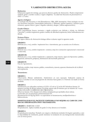 100
V. LARINGITIS OBSTRUCTIVA AGUDA
Definición:
Inflamación aguda de la laringe, que provoca diversos grados de obstrucción. Puede comprometer
epiglotis, glotis ( cuerdas vocales) o región subglótica. La edad más frecuente de presentación es
entre 1 a 5 años.
Agente etiológico:
La etiología más frecuente es viral (Parainfluenza, VRS, ADV, Sarampión). Otras etiologías son me-
nos frecuentes: bacterias ( haemophilus influenzae, C. Difteriae), agentes químicos ( cáusticos, gases
irritantes), agentes físicos ( gases o líquidos calientes), alergías ( edema angioneurótico).
Cuadro Clínico:
Inicio generalmente brusco, nocturno y rápida evolución con: disfonía o afonía, tos disfonica
(“perruna”), estridor inspiratorio, grados varables de dificultad respiratoria, fiebre habitualmente mo-
derada.
Exámen Físico:
Los signos clínicos de obstrucción laríngea deben evaluarse según la siguiente escala:
GRADO I:
Disfonía (tos y voz), estridor inspiratorio leve e intermitente, que se acentúa con el esfuerzo.
GRADO II:
Disfonía (tos y voz), estridor inspiratorio continuo, tiraje leve (retracción supraesternal o intercostal
o subcostal).
GRADO III:
Disfonía (tos y voz), estridor inspiratorio y espiratorio, tiraje intenso, signos de hipoxemia ( palidez,
inquietud, sudoración, polipnea), disminución del murmullo pulmonar.
GRADO IV:
Fase de Agotamiento.
Disfonía, estridor, tiraje intenso; palidez, somnolencia, cianosis; aparente disminución de la dificul-
tad respiratoria.
Tratamiento:
GRADO 1:
Observación. Manejo ambulatorio. Antitérmicos en caso necesario. Indicación expresa de
volver a consultar en caso de progresión de síntomas hacia grado 2 ó 3 Instruir a la madre en forma
detallada
GRADO 2:
Nebulización con adrenalina racémica al 2,25%: 0,5 ml en 3,5 ml de SF. Nebulizar durante 10
minutos con flujo de 8lt por minuto. Se puede repetir cada 20 minutos por un máximo de 3 veces.
(SOLO EN SAPU O SERVICIO DE URGENCIA).
Observar durante 2 hrs después de la última nebulización por probable efecto rebote.
Corticoides por vía parenteral, preferentemente EV.
Dexametasona 0,4 mg/kg/dósis o su equivalente en betametasona, metilprednisolona o
hidrocortisona.
HOSPITALIZAR SI EL PACIENTE EMPEORA O NO MEJORA AL CABO DE 2 HO-
RAS DE OBSERVACIÓN POST TRATAMIENTO.
GRADO 3: DERIVAR A UEH
Hospitalización. Aplicar medidas de grado 2 si hay demora en el traslado.
GRADO 4:
Hospitalización inmediata. Traslado con oxígeno e idealmente intubado. En lugares apartados, y ante
la imposibilidad de intubación, puede intentarse la instalación de una laringostomía transcricoidea
con un trócar grueso.
 
