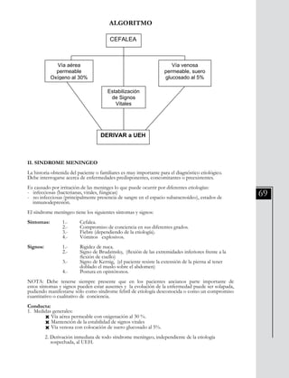 69
II. SINDROME MENINGEO
La historia obtenida del paciente o familiares es muy importante para el diagnóstico etiológico.
Debe interrogarse acerca de enfermedades predisponentes, concomitantes o preexistentes.
Es causado por irritación de las meninges lo que puede ocurrir por diferentes etiologías:
- infecciosas (bacterianas, virales, fúngicas)
- no infecciosas (principalmente presencia de sangre en el espacio subaracnoídeo), estados de 	
inmunodepresión.
El síndrome meníngeo tiene los siguientes síntomas y signos:
Síntomas:	 1.-	 Cefalea.
		 2.-	 Compromiso de conciencia en sus diferentes grados.
		 3.-	 Fiebre (dependiendo de la etiología).
		 4.-	 Vómitos explosivos.
Signos:		 1.-	 Rigidez de nuca.
		 2.-	 Signo de Brudzinsky, (flexión de las extremidades inferiores frente a la 	
			 flexión de cuello)
		 3.-	 Signo de Kernig, (el paciente resiste la extensión de la pierna al tener 	
			 doblado el muslo sobre el abdomen)
		 4.- 	 Postura en opistótonos.
NOTA: Debe tenerse siempre presente que en los pacientes ancianos parte importante de
estos síntomas y signos pueden estar ausentes y la evolución de la enfermedad puede ser solapada,
pudiendo manifestarse sólo como síndrome febril de etiología desconocida o como un compromiso
cuantitativo o cualitativo de conciencia.
Conducta:
1. Medidas generales:
	 Ò Vía aérea permeable con oxigenación al 30 %.
	 Ò Mantención de la estabilidad de signos vitales
	 Ò Vía venosa con colocación de suero glucosado al 5%.
	 2. Derivación inmediata de todo síndrome meníngeo, independiente de la etiología
	 sospechada, al UEH.
ALGORITMO
108
3. Derivar al UEH.
ALGORITMO
II. SINDROME MENINGEO
La historia obtenida del paciente o familiares es muy importante para el
diagnóstico etiológico. Debe interrogarse acerca de enfermedades
predisponentes, concomitantes o preexistentes.
Es causado por irritación de las meninges lo que puede ocurrir por diferentes
etiologías:
- infecciosas ( bacterianas, virales, fúngicas)
- no infecciosas (principalmente presencia de sangre en el espacio
subaracnoídeo), estados de inmunodepresión.
El síndrome meníngeo tiene los siguientes síntomas y signos:
Síntomas: 1.- Cefalea.
2.- Compromiso de conciencia en sus diferentes grados.
3.- Fiebre (dependiendo de la etiología).
CEFALEA
Vía aérea
permeable
Oxígeno al 30%
Estabilización
de Signos
Vitales
Vía venosa
permeable, suero
glucosado al 5%
DERIVAR a UEH
 
