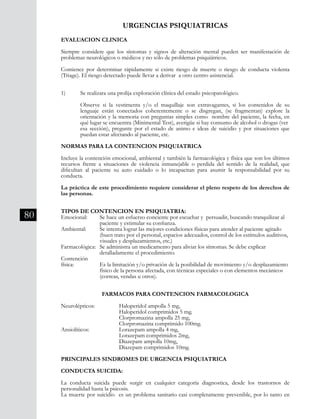 80
EVALUACION CLINICA
Siempre considere que los síntomas y signos de alteración mental pueden ser manifestación de
problemas neurológicos o médicos y no sólo de problemas psiquiátricos.
Comience por determinar rápidamente si existe riesgo de muerte o riesgo de conducta violenta
(Triage). El riesgo detectado puede llevar a derivar a otro centro asistencial.
1)	 Se realizara una prolija exploración clínica del estado psicopatológico.
	 Observe si la vestimenta y/o el maquillaje son extravagantes, si los contenidos de su
	 lenguaje están conectados coherentemente o se disgregan, (se fragmentan) explore la
	 orientación y la memoria con preguntas simples como nombre del paciente, la fecha, en
	 qué lugar se encuentra (Minimental Test), averigüe si hay consumo de alcohol o drogas (ver 	
	 esa sección), pregunte por el estado de animo e ideas de suicidio y por situaciones que
	 puedan estar afectando al paciente, etc.
NORMAS PARA LA CONTENCION PSIQUIATRICA
Incluye la contención emocional, ambiental y también la farmacológica y física que son los últimos
recursos frente a situaciones de violencia inmanejable o perdida del sentido de la realidad, que
dificultan al paciente su auto cuidado o lo incapacitan para asumir la responsabilidad por su
conducta.
La práctica de este procedimiento requiere considerar el pleno respeto de los derechos de
las personas.
TIPOS DE CONTENCION EN PSIQUIATRIA:
Emocional:	 Se hace un esfuerzo conciente por escuchar y persuadir, buscando tranquilizar al 	
		 paciente y estimular su confianza.
Ambiental:	 Se intenta lograr las mejores condiciones físicas para atender al paciente agitado 	
		 (buen trato por el personal, espacios adecuados, control de los estímulos auditivos, 	
		 visuales y desplazamientos, etc.)
Farmacológica:	 Se administra un medicamento para aliviar los síntomas. Se debe explicar
		 detalladamente el procedimiento.
Contención
física:		 Es la limitación y/o privación de la posibilidad de movimiento y/o desplazamiento 	
		 físico de la persona afectada, con técnicas especiales o con elementos mecánicos 	
		 (correas, vendas u otros).
FARMACOS PARA CONTENCION FARMACOLOGICA
Neurolépticos:		 Haloperidol ampolla 5 mg,
			 Haloperidol comprimidos 5 mg.
			 Clorpromazina ampolla 25 mg,
			 Clorpromazina comprimido 100mg.
Ansiolíticos:	 	 Lorazepam ampolla 4 mg,
			 Lorazepam comprimidos 2mg,
			 Diazepam ampolla 10mg,
			 Diazepam comprimidos 10mg.
PRINCIPALES SINDROMES DE URGENCIA PSIQUIATRICA
CONDUCTA SUICIDA:
La conducta suicida puede surgir en cualquier categoría diagnostica, desde los trastornos de
personalidad hasta la psicosis.
La muerte por suicidio es un problema sanitario casi completamente prevenible, por lo tanto en
URGENCIAS PSIQUIATRICAS
 