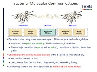 Chemical
Stimuli
Autoinducer
Diffusion
Pulse
sampling
Channel
Quorum
sensing
Molecular
binding
Transmitter Receiver
Bacterial Molecular Communications
 Bacteria continuously communicate as part of their survival and self-regulation.
 Have their own syntax and encoding of information through molecules
 Plays a major role within the gut as well as soil (e.g., transfer of nutrients to the roots of
grass)
 Characterize the communication process of the bacteria to understand any
abnormalities that can occur.
 Use concepts from Communication Engineering and Networking Theory.
 Connecting them to the Internet will lead to Internet of Bio-Nano Things.
 