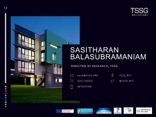 1 3
( 0 5 1 ) 3 0 2 9 1 2
s a s i b @ T S S G . O R G T S S G _ W I T
@ T S S G _ W I T
0 8 7 0 9 7 5 1 8 6
SASITHARAN
BALASUBRAMANIAM
DIR E CTOR OF R E SE AR CH , TSSG
 