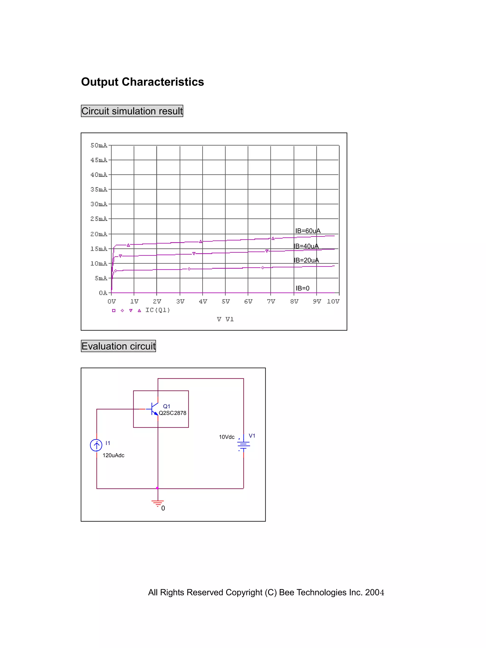 Output Characteristics

Circuit simulation result




                                                     IB=60uA

                                                    IB=40uA

                                                    IB=20uA



                                                     IB=0




Evaluation circuit




                      Q1
                     Q2SC2878



                                 10Vdc   V1
     I1

     120uAdc




                     0




                All Rights Reserved Copyright (C) Bee Technologies Inc. 2004
 