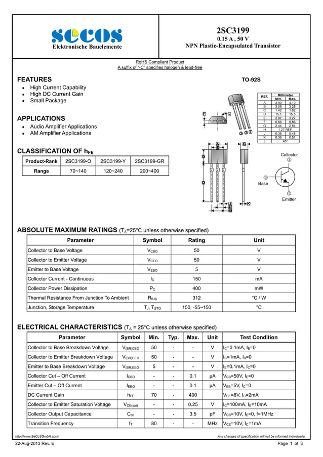 Original NPN Transistor 2SC3199 C3199 3199 TO-92 New Secos | PDF