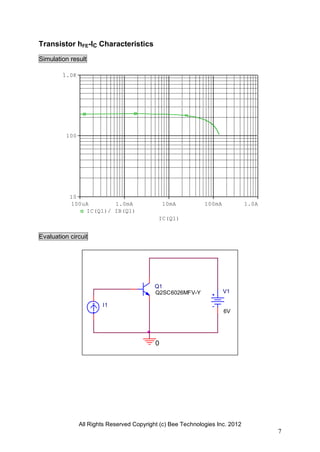 All Rights Reserved Copyright (c) Bee Technologies Inc. 2012
7
V1
6V
I1
0
Q1
Q2SC6026MFV-Y
IC(Q1)
100uA 1.0mA 10mA 100mA 1.0A
IC(Q1)/ IB(Q1)
10
100
1.0K
Transistor hFE-IC Characteristics
Simulation result
Evaluation circuit
 