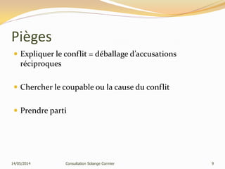 Pièges
 Expliquer le conflit = déballage d’accusations
réciproques
 Chercher le coupable ou la cause du conflit
 Prendre parti
14/05/2014 Consultation Solange Cormier 9
 