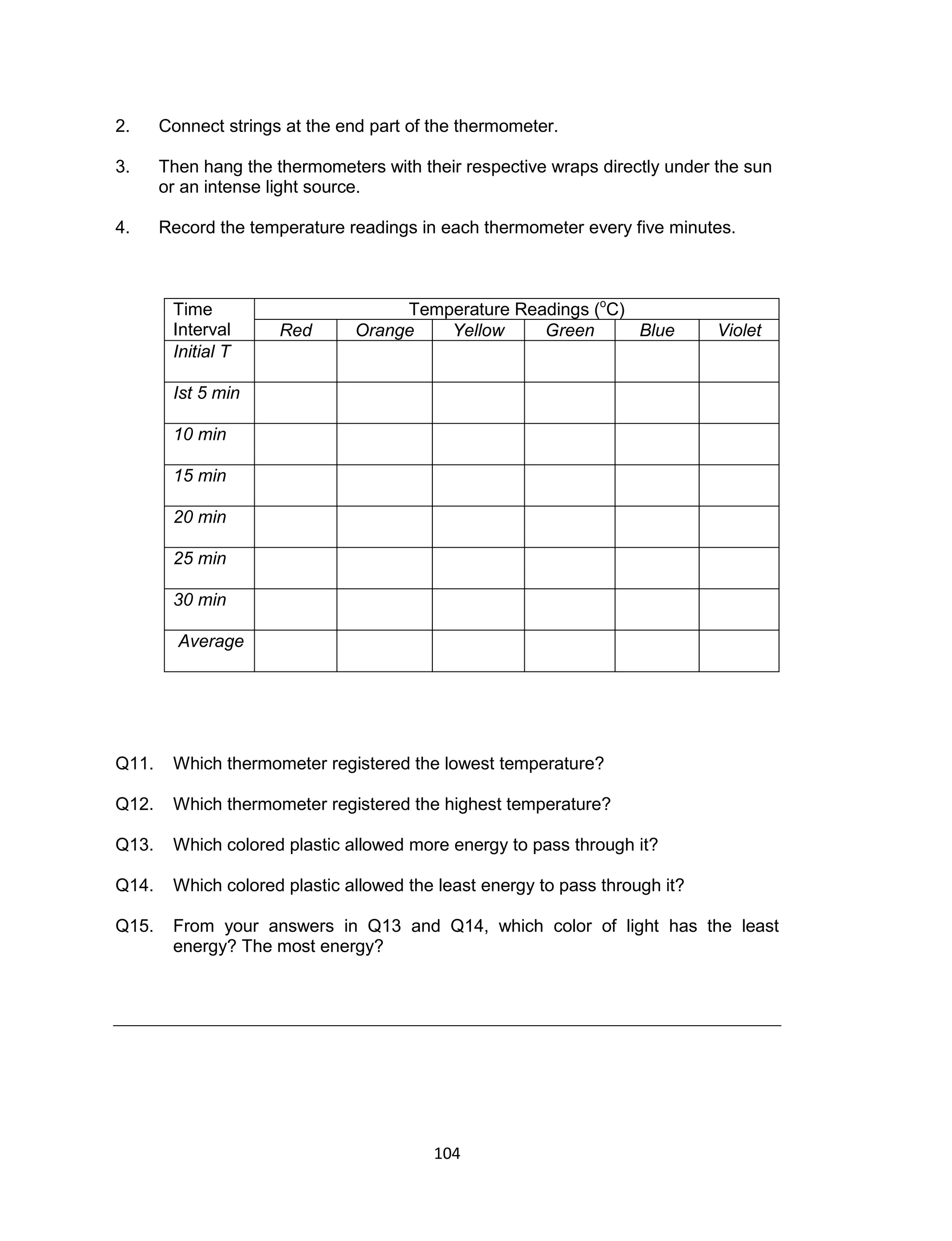 104
2. Connect strings at the end part of the thermometer.
3. Then hang the thermometers with their respective wraps directly under the sun
or an intense light source.
4. Record the temperature readings in each thermometer every five minutes.
Time
Interval
Temperature Readings (o
C)
Red Orange Yellow Green Blue Violet
Initial T
Ist 5 min
10 min
15 min
20 min
25 min
30 min
Average
Q11. Which thermometer registered the lowest temperature?
Q12. Which thermometer registered the highest temperature?
Q13. Which colored plastic allowed more energy to pass through it?
Q14. Which colored plastic allowed the least energy to pass through it?
Q15. From your answers in Q13 and Q14, which color of light has the least
energy? The most energy?
 