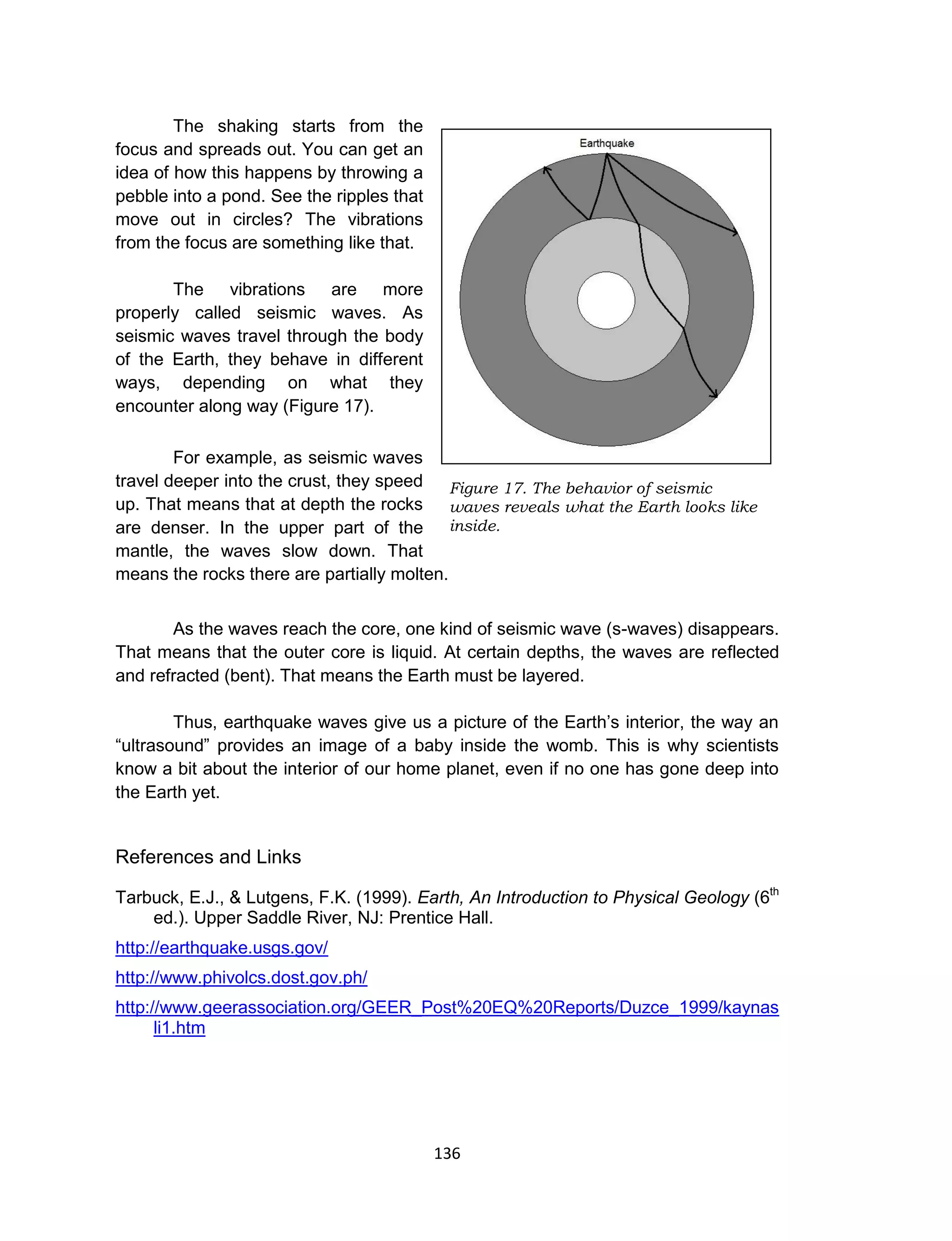 136
The shaking starts from the
focus and spreads out. You can get an
idea of how this happens by throwing a
pebble into a pond. See the ripples that
move out in circles? The vibrations
from the focus are something like that.
The vibrations are more
properly called seismic waves. As
seismic waves travel through the body
of the Earth, they behave in different
ways, depending on what they
encounter along way (Figure 17).
For example, as seismic waves
travel deeper into the crust, they speed
up. That means that at depth the rocks
are denser. In the upper part of the
mantle, the waves slow down. That
means the rocks there are partially molten.
As the waves reach the core, one kind of seismic wave (s-waves) disappears.
That means that the outer core is liquid. At certain depths, the waves are reflected
and refracted (bent). That means the Earth must be layered.
Thus, earthquake waves give us a picture of the Earth’s interior, the way an
“ultrasound” provides an image of a baby inside the womb. This is why scientists
know a bit about the interior of our home planet, even if no one has gone deep into
the Earth yet.
References and Links
Tarbuck, E.J., & Lutgens, F.K. (1999). Earth, An Introduction to Physical Geology (6th
ed.). Upper Saddle River, NJ: Prentice Hall.
http://earthquake.usgs.gov/
http://www.phivolcs.dost.gov.ph/
http://www.geerassociation.org/GEER_Post%20EQ%20Reports/Duzce_1999/kaynas
li1.htm
Figure 17. The behavior of seismic
waves reveals what the Earth looks like
inside.
 