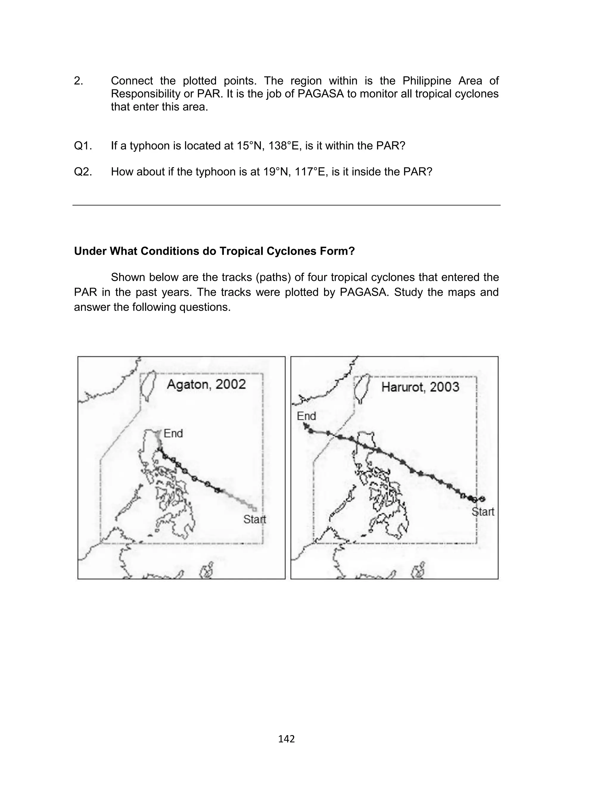 142
2. Connect the plotted points. The region within is the Philippine Area of
Responsibility or PAR. It is the job of PAGASA to monitor all tropical cyclones
that enter this area.
Q1. If a typhoon is located at 15°N, 138°E, is it within the PAR?
Q2. How about if the typhoon is at 19°N, 117°E, is it inside the PAR?
Under What Conditions do Tropical Cyclones Form?
Shown below are the tracks (paths) of four tropical cyclones that entered the
PAR in the past years. The tracks were plotted by PAGASA. Study the maps and
answer the following questions.
 