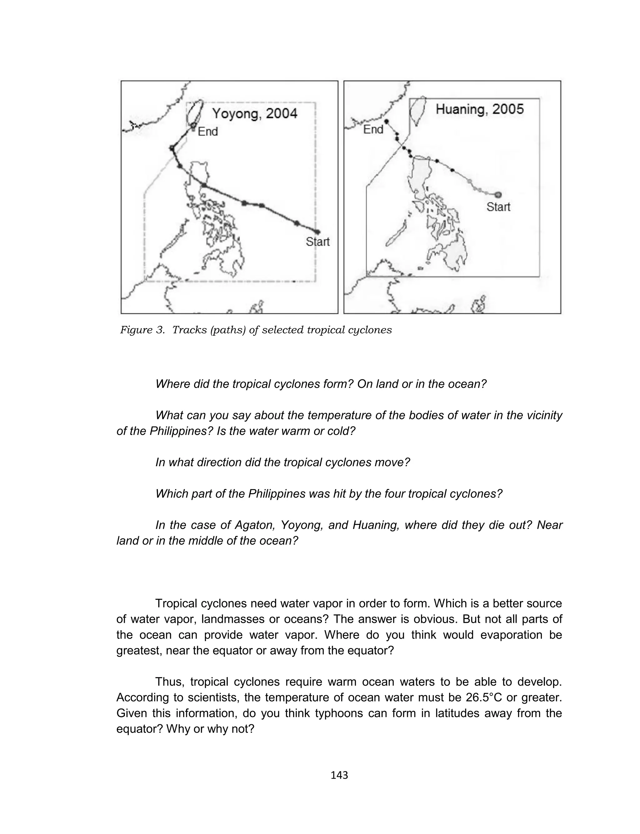 143
Figure 3. Tracks (paths) of selected tropical cyclones
Where did the tropical cyclones form? On land or in the ocean?
What can you say about the temperature of the bodies of water in the vicinity
of the Philippines? Is the water warm or cold?
In what direction did the tropical cyclones move?
Which part of the Philippines was hit by the four tropical cyclones?
In the case of Agaton, Yoyong, and Huaning, where did they die out? Near
land or in the middle of the ocean?
Tropical cyclones need water vapor in order to form. Which is a better source
of water vapor, landmasses or oceans? The answer is obvious. But not all parts of
the ocean can provide water vapor. Where do you think would evaporation be
greatest, near the equator or away from the equator?
Thus, tropical cyclones require warm ocean waters to be able to develop.
According to scientists, the temperature of ocean water must be 26.5°C or greater.
Given this information, do you think typhoons can form in latitudes away from the
equator? Why or why not?
 