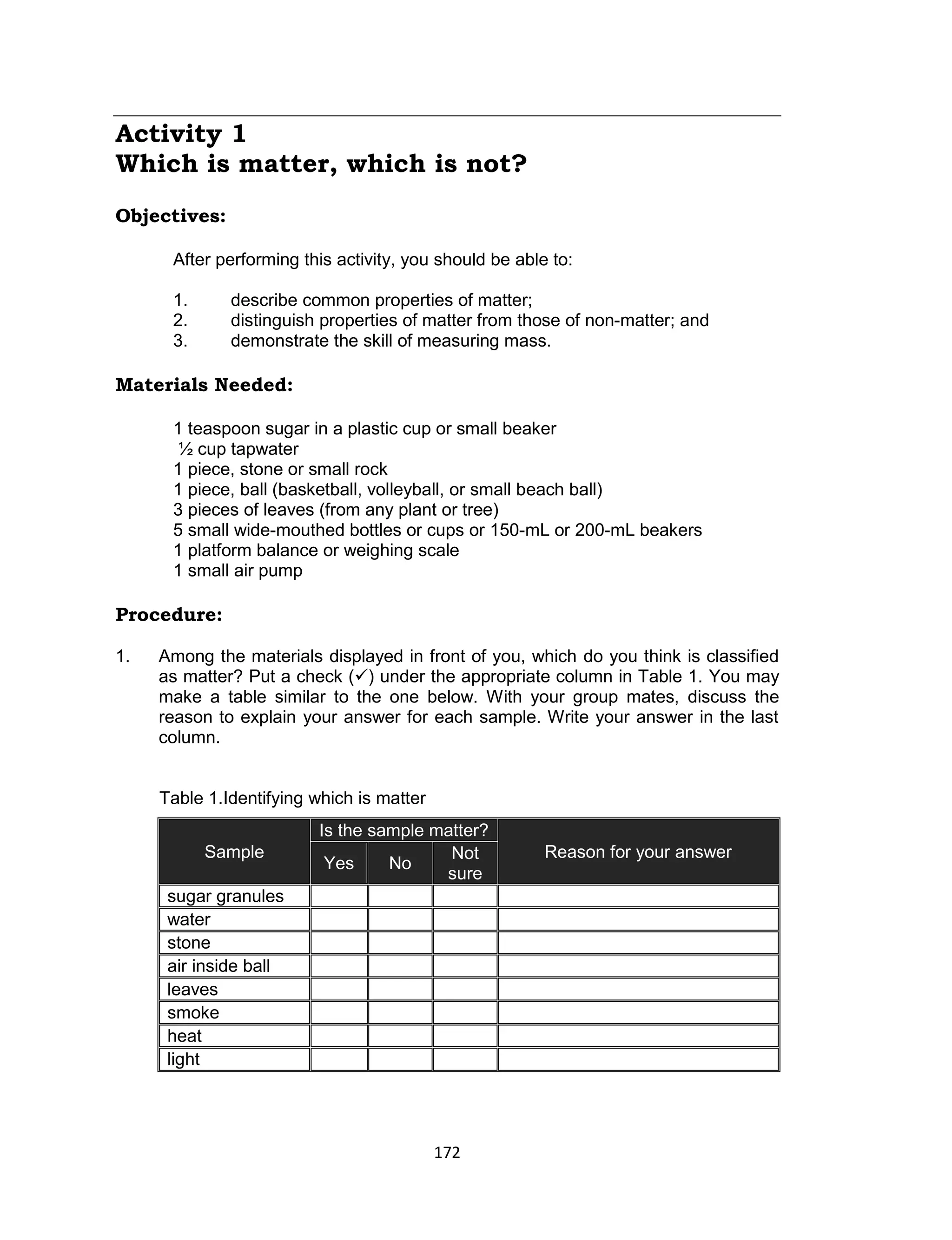 172
Activity 1
Which is matter, which is not?
Objectives:
After performing this activity, you should be able to:
1. describe common properties of matter;
2. distinguish properties of matter from those of non-matter; and
3. demonstrate the skill of measuring mass.
Materials Needed:
1 teaspoon sugar in a plastic cup or small beaker
½ cup tapwater
1 piece, stone or small rock
1 piece, ball (basketball, volleyball, or small beach ball)
3 pieces of leaves (from any plant or tree)
5 small wide-mouthed bottles or cups or 150-mL or 200-mL beakers
1 platform balance or weighing scale
1 small air pump
Procedure:
Is this matter?
1. Among the materials displayed in front of you, which do you think is classified
as matter? Put a check () under the appropriate column in Table 1. You may
make a table similar to the one below. With your group mates, discuss the
reason to explain your answer for each sample. Write your answer in the last
column.
Table 1.Identifying which is matter
Sample
Is the sample matter?
Reason for your answer
Yes No
Not
sure
sugar granules
water
stone
air inside ball
leaves
smoke
heat
light
 