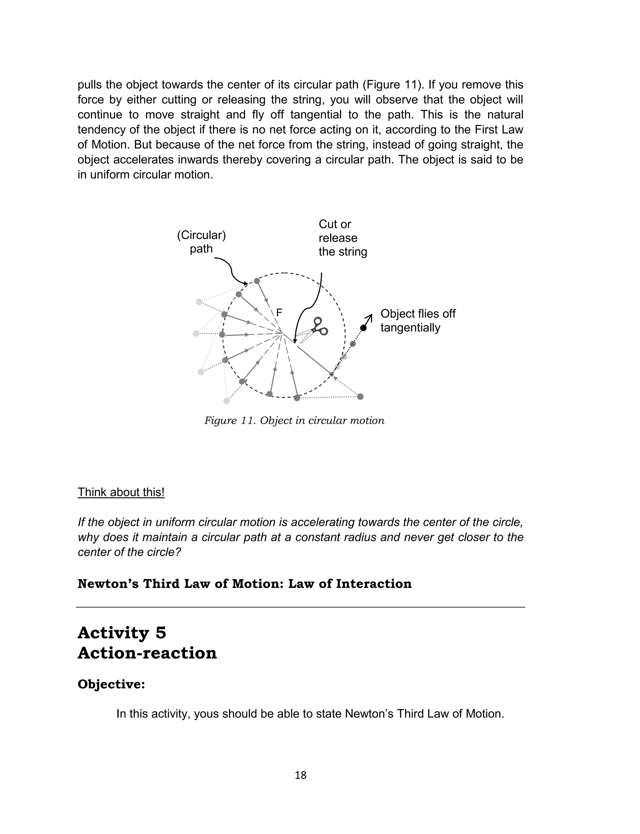 18
pulls the object towards the center of its circular path (Figure 11). If you remove this
force by either cutting or releasing the string, you will observe that the object will
continue to move straight and fly off tangential to the path. This is the natural
tendency of the object if there is no net force acting on it, according to the First Law
of Motion. But because of the net force from the string, instead of going straight, the
object accelerates inwards thereby covering a circular path. The object is said to be
in uniform circular motion.
Think about this!
If the object in uniform circular motion is accelerating towards the center of the circle,
why does it maintain a circular path at a constant radius and never get closer to the
center of the circle?
Newton’s Third Law of Motion: Law of Interaction
Activity 5
Action-reaction
Objective:
In this activity, yous should be able to state Newton’s Third Law of Motion.
F Object flies off
tangentially
Cut or
release
the string
(Circular)
path
Figure 11. Object in circular motion
 
