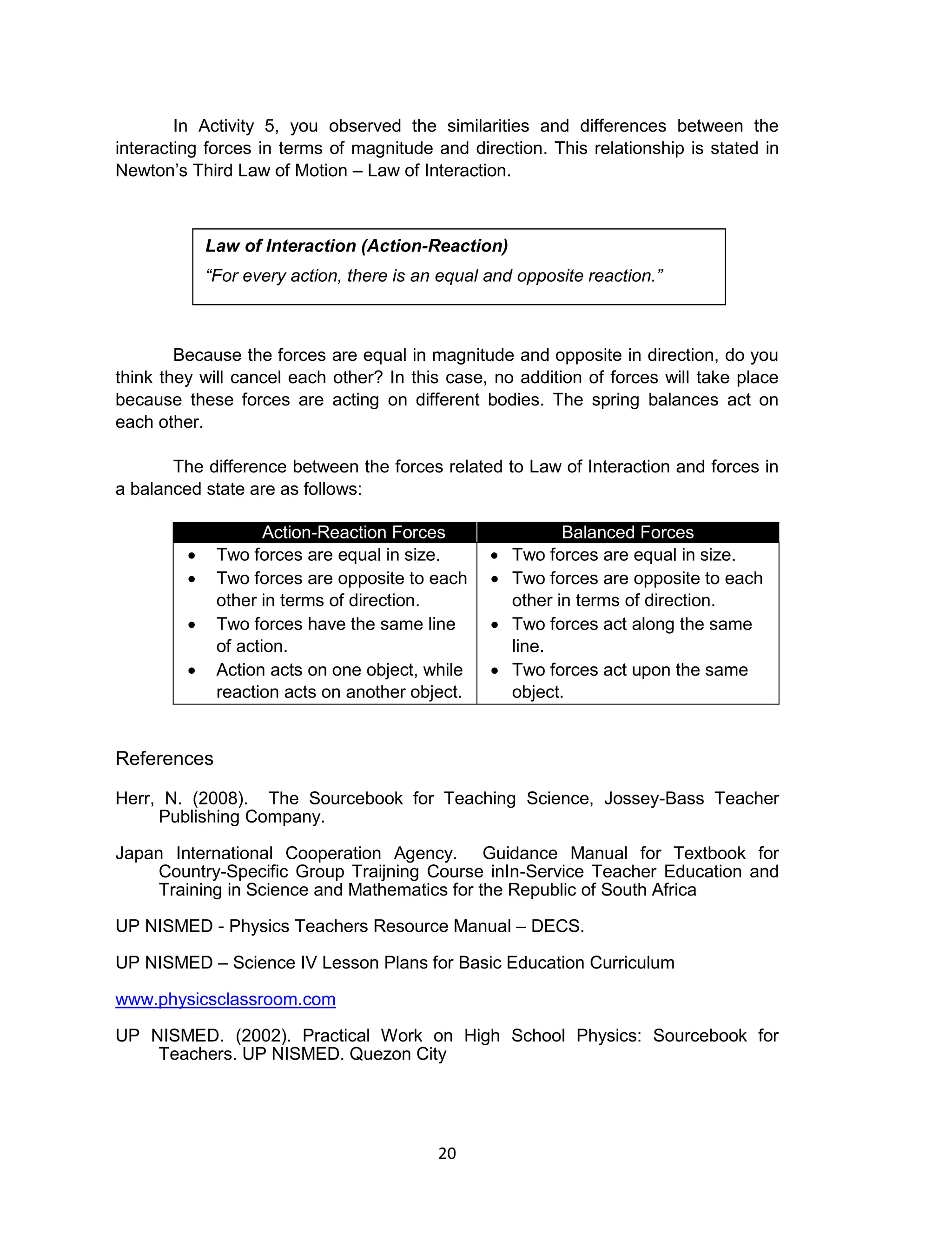20
In Activity 5, you observed the similarities and differences between the
interacting forces in terms of magnitude and direction. This relationship is stated in
Newton’s Third Law of Motion – Law of Interaction.
Because the forces are equal in magnitude and opposite in direction, do you
think they will cancel each other? In this case, no addition of forces will take place
because these forces are acting on different bodies. The spring balances act on
each other.
The difference between the forces related to Law of Interaction and forces in
a balanced state are as follows:
Action-Reaction Forces Balanced Forces
 Two forces are equal in size.
 Two forces are opposite to each
other in terms of direction.
 Two forces have the same line
of action.
 Action acts on one object, while
reaction acts on another object.
 Two forces are equal in size.
 Two forces are opposite to each
other in terms of direction.
 Two forces act along the same
line.
 Two forces act upon the same
object.
References
Herr, N. (2008). The Sourcebook for Teaching Science, Jossey-Bass Teacher
Publishing Company.
Japan International Cooperation Agency. Guidance Manual for Textbook for
Country-Specific Group Traijning Course inIn-Service Teacher Education and
Training in Science and Mathematics for the Republic of South Africa
UP NISMED - Physics Teachers Resource Manual – DECS.
UP NISMED – Science IV Lesson Plans for Basic Education Curriculum
www.physicsclassroom.com
UP NISMED. (2002). Practical Work on High School Physics: Sourcebook for
Teachers. UP NISMED. Quezon City
Law of Interaction (Action-Reaction)
“For every action, there is an equal and opposite reaction.”
 
