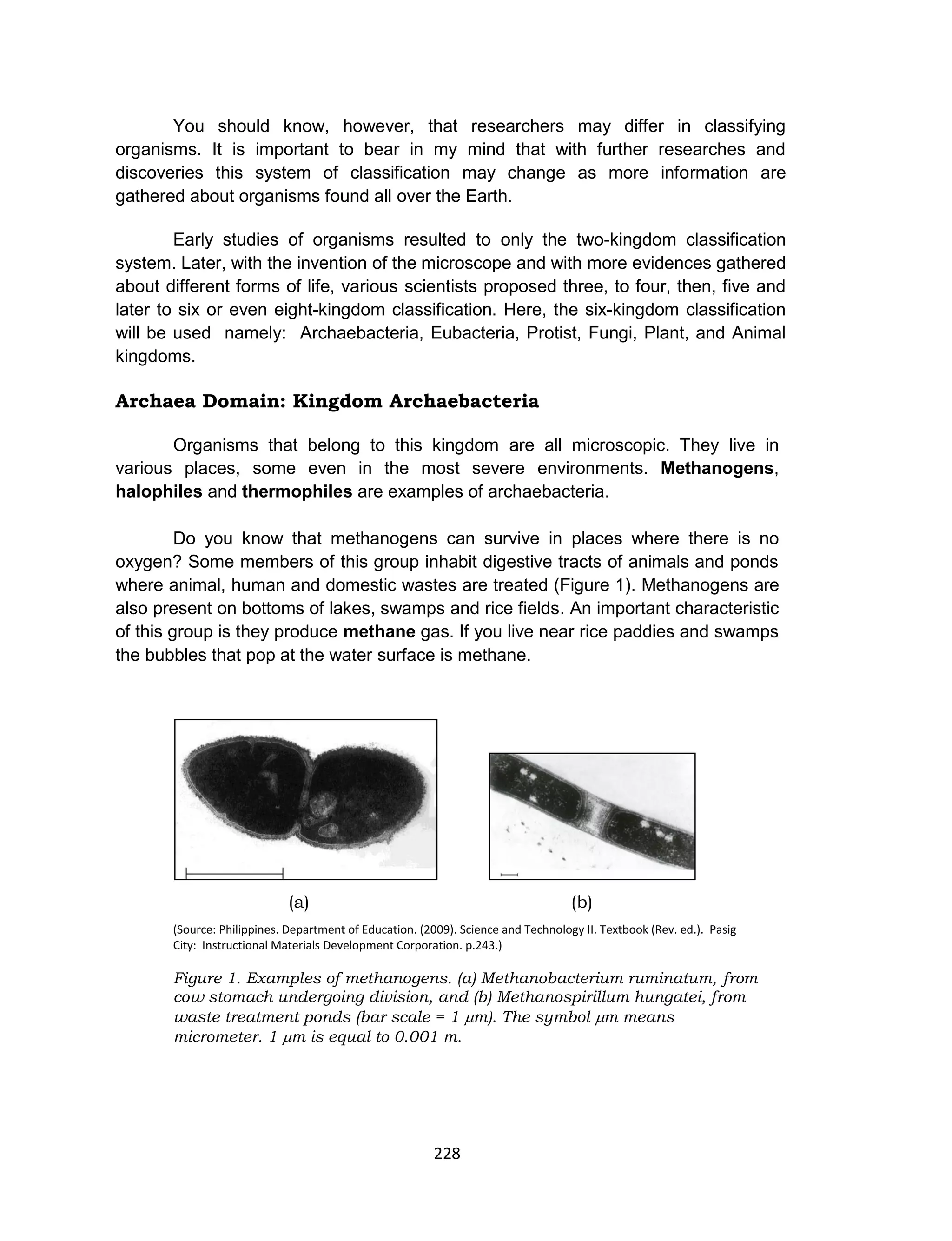 228
You should know, however, that researchers may differ in classifying
organisms. It is important to bear in my mind that with further researches and
discoveries this system of classification may change as more information are
gathered about organisms found all over the Earth.
Early studies of organisms resulted to only the two-kingdom classification
system. Later, with the invention of the microscope and with more evidences gathered
about different forms of life, various scientists proposed three, to four, then, five and
later to six or even eight-kingdom classification. Here, the six-kingdom classification
will be used namely: Archaebacteria, Eubacteria, Protist, Fungi, Plant, and Animal
kingdoms.
Archaea Domain: Kingdom Archaebacteria
Organisms that belong to this kingdom are all microscopic. They live in
various places, some even in the most severe environments. Methanogens,
halophiles and thermophiles are examples of archaebacteria.
Do you know that methanogens can survive in places where there is no
oxygen? Some members of this group inhabit digestive tracts of animals and ponds
where animal, human and domestic wastes are treated (Figure 1). Methanogens are
also present on bottoms of lakes, swamps and rice fields. An important characteristic
of this group is they produce methane gas. If you live near rice paddies and swamps
the bubbles that pop at the water surface is methane.
(a) (b)
(Source: Philippines. Department of Education. (2009). Science and Technology II. Textbook (Rev. ed.). Pasig
City: Instructional Materials Development Corporation. p.243.)
Figure 1. Examples of methanogens. (a) Methanobacterium ruminatum, from
cow stomach undergoing division, and (b) Methanospirillum hungatei, from
waste treatment ponds (bar scale = 1 m). The symbol m means
micrometer. 1 m is equal to 0.001 m.
 