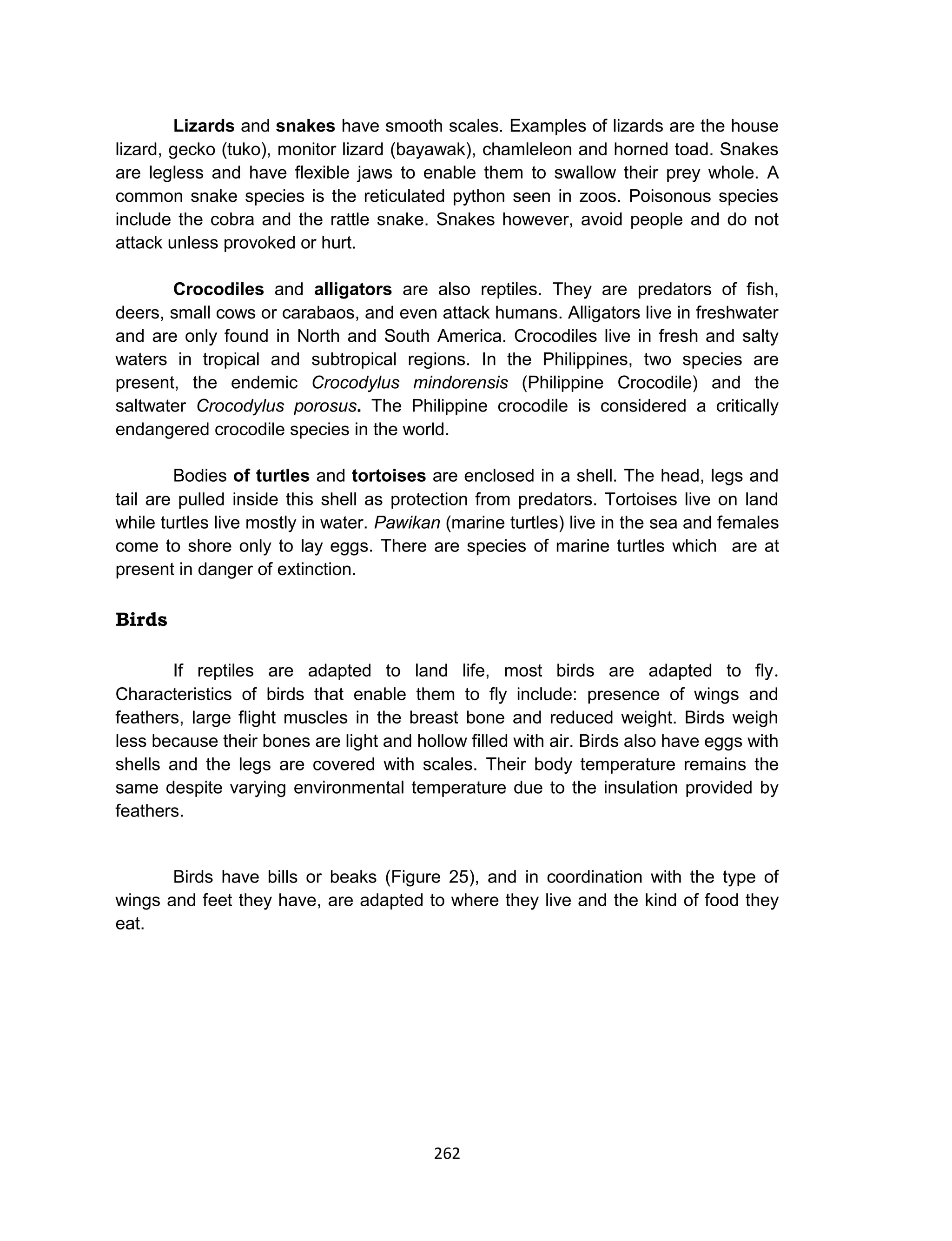 262
Lizards and snakes have smooth scales. Examples of lizards are the house
lizard, gecko (tuko), monitor lizard (bayawak), chamleleon and horned toad. Snakes
are legless and have flexible jaws to enable them to swallow their prey whole. A
common snake species is the reticulated python seen in zoos. Poisonous species
include the cobra and the rattle snake. Snakes however, avoid people and do not
attack unless provoked or hurt.
Crocodiles and alligators are also reptiles. They are predators of fish,
deers, small cows or carabaos, and even attack humans. Alligators live in freshwater
and are only found in North and South America. Crocodiles live in fresh and salty
waters in tropical and subtropical regions. In the Philippines, two species are
present, the endemic Crocodylus mindorensis (Philippine Crocodile) and the
saltwater Crocodylus porosus. The Philippine crocodile is considered a critically
endangered crocodile species in the world.
Bodies of turtles and tortoises are enclosed in a shell. The head, legs and
tail are pulled inside this shell as protection from predators. Tortoises live on land
while turtles live mostly in water. Pawikan (marine turtles) live in the sea and females
come to shore only to lay eggs. There are species of marine turtles which are at
present in danger of extinction.
Birds
If reptiles are adapted to land life, most birds are adapted to fly.
Characteristics of birds that enable them to fly include: presence of wings and
feathers, large flight muscles in the breast bone and reduced weight. Birds weigh
less because their bones are light and hollow filled with air. Birds also have eggs with
shells and the legs are covered with scales. Their body temperature remains the
same despite varying environmental temperature due to the insulation provided by
feathers.
Birds have bills or beaks (Figure 25), and in coordination with the type of
wings and feet they have, are adapted to where they live and the kind of food they
eat.
 