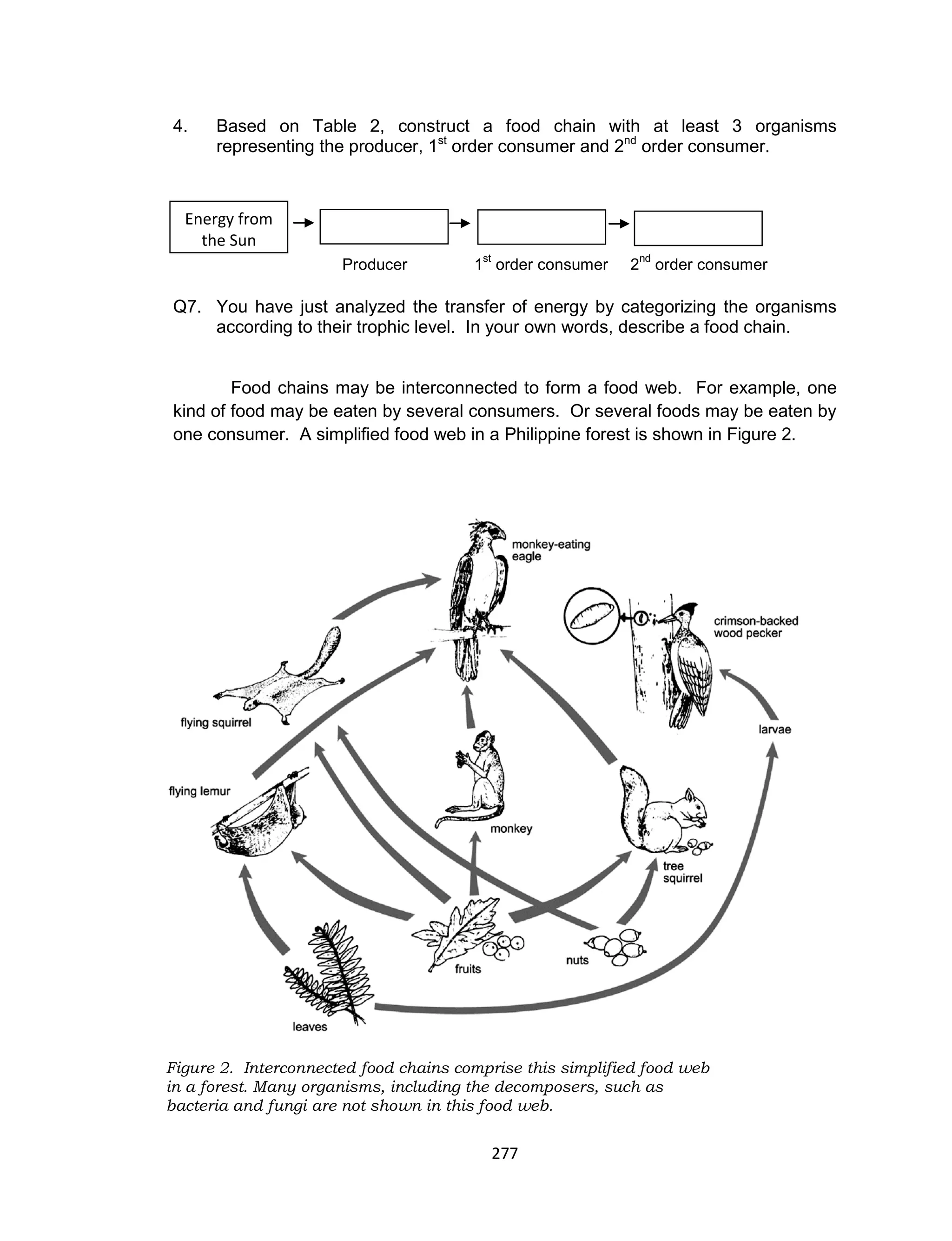 277
4. Based on Table 2, construct a food chain with at least 3 organisms
representing the producer, 1st
order consumer and 2nd
order consumer.
Producer 1
st
order consumer 2
nd
order consumer
Q7. You have just analyzed the transfer of energy by categorizing the organisms
according to their trophic level. In your own words, describe a food chain.
Food chains may be interconnected to form a food web. For example, one
kind of food may be eaten by several consumers. Or several foods may be eaten by
one consumer. A simplified food web in a Philippine forest is shown in Figure 2.
Figure 2. Interconnected food chains comprise this simplified food web
in a forest. Many organisms, including the decomposers, such as
bacteria and fungi are not shown in this food web.
Energy from
the Sun
 
