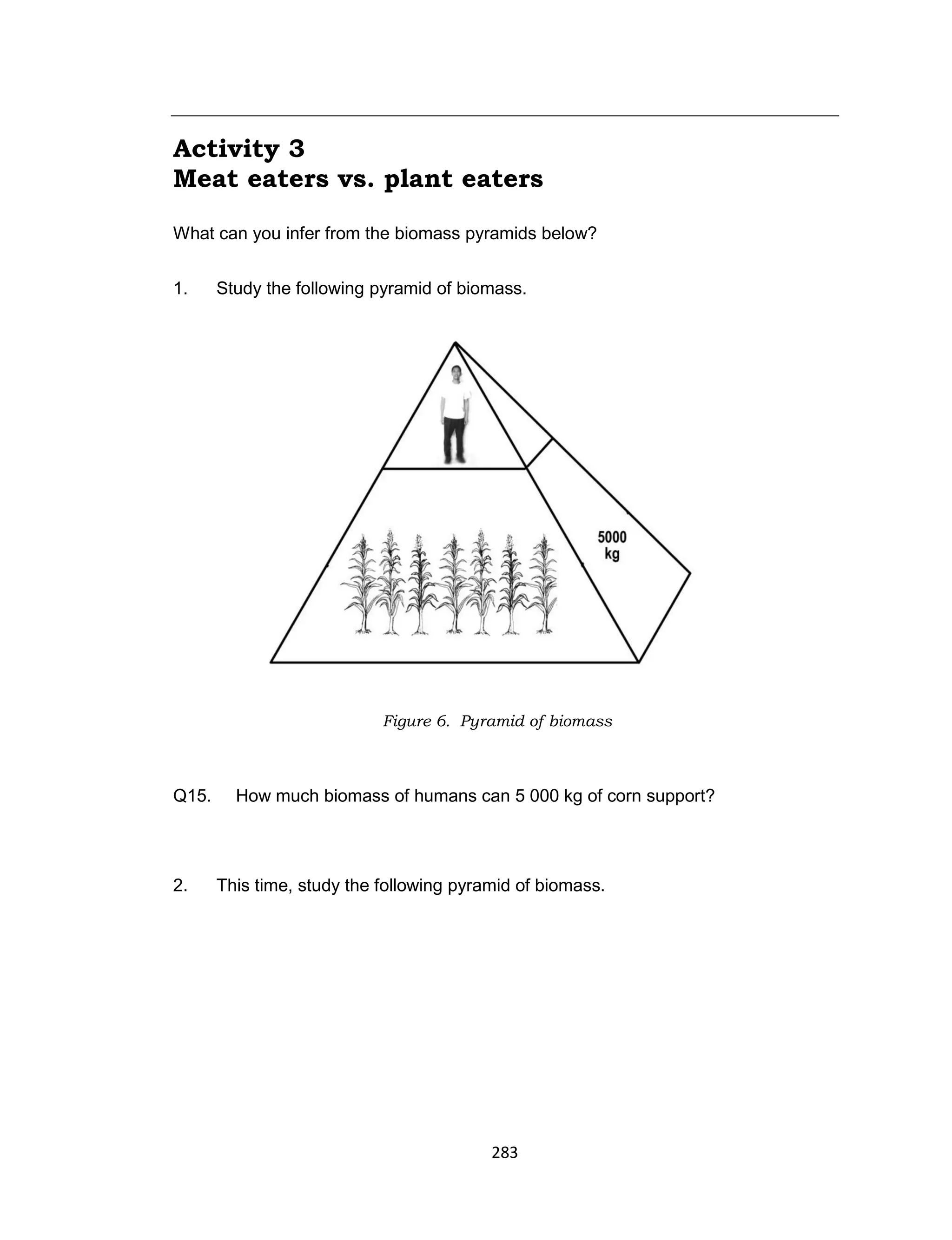 283
Activity 3
Meat eaters vs. plant eaters
What can you infer from the biomass pyramids below?
1. Study the following pyramid of biomass.
Figure 6. Pyramid of biomass
Q15. How much biomass of humans can 5 000 kg of corn support?
2. This time, study the following pyramid of biomass.
 