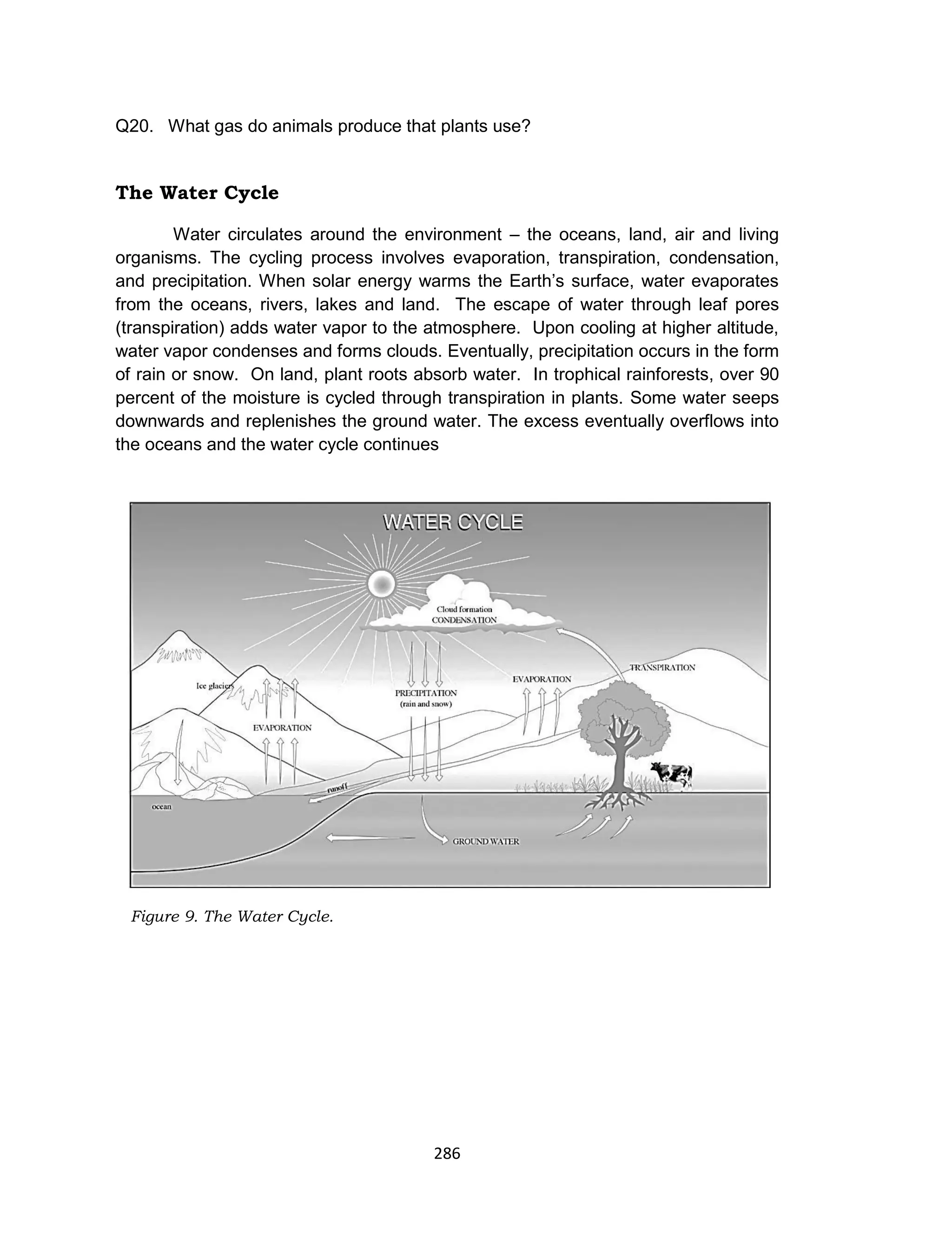 286
Q20. What gas do animals produce that plants use?
The Water Cycle
Water circulates around the environment – the oceans, land, air and living
organisms. The cycling process involves evaporation, transpiration, condensation,
and precipitation. When solar energy warms the Earth’s surface, water evaporates
from the oceans, rivers, lakes and land. The escape of water through leaf pores
(transpiration) adds water vapor to the atmosphere. Upon cooling at higher altitude,
water vapor condenses and forms clouds. Eventually, precipitation occurs in the form
of rain or snow. On land, plant roots absorb water. In trophical rainforests, over 90
percent of the moisture is cycled through transpiration in plants. Some water seeps
downwards and replenishes the ground water. The excess eventually overflows into
the oceans and the water cycle continues
Figure 9. The Water Cycle.
 