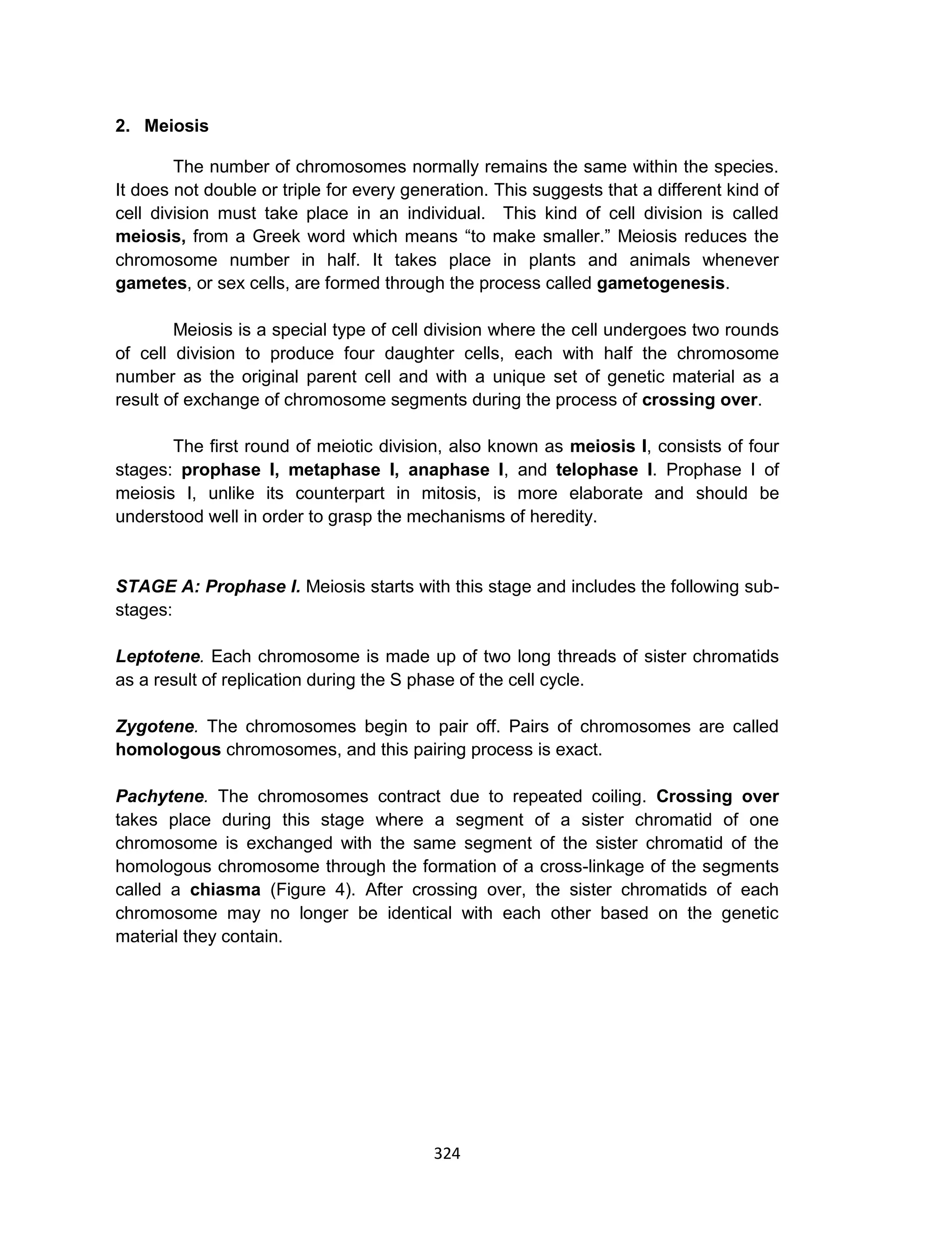 324
2. Meiosis
The number of chromosomes normally remains the same within the species.
It does not double or triple for every generation. This suggests that a different kind of
cell division must take place in an individual. This kind of cell division is called
meiosis, from a Greek word which means “to make smaller.” Meiosis reduces the
chromosome number in half. It takes place in plants and animals whenever
gametes, or sex cells, are formed through the process called gametogenesis.
Meiosis is a special type of cell division where the cell undergoes two rounds
of cell division to produce four daughter cells, each with half the chromosome
number as the original parent cell and with a unique set of genetic material as a
result of exchange of chromosome segments during the process of crossing over.
The first round of meiotic division, also known as meiosis I, consists of four
stages: prophase I, metaphase I, anaphase I, and telophase I. Prophase I of
meiosis I, unlike its counterpart in mitosis, is more elaborate and should be
understood well in order to grasp the mechanisms of heredity.
STAGE A: Prophase I. Meiosis starts with this stage and includes the following sub-
stages:
Leptotene. Each chromosome is made up of two long threads of sister chromatids
as a result of replication during the S phase of the cell cycle.
Zygotene. The chromosomes begin to pair off. Pairs of chromosomes are called
homologous chromosomes, and this pairing process is exact.
Pachytene. The chromosomes contract due to repeated coiling. Crossing over
takes place during this stage where a segment of a sister chromatid of one
chromosome is exchanged with the same segment of the sister chromatid of the
homologous chromosome through the formation of a cross-linkage of the segments
called a chiasma (Figure 4). After crossing over, the sister chromatids of each
chromosome may no longer be identical with each other based on the genetic
material they contain.
 