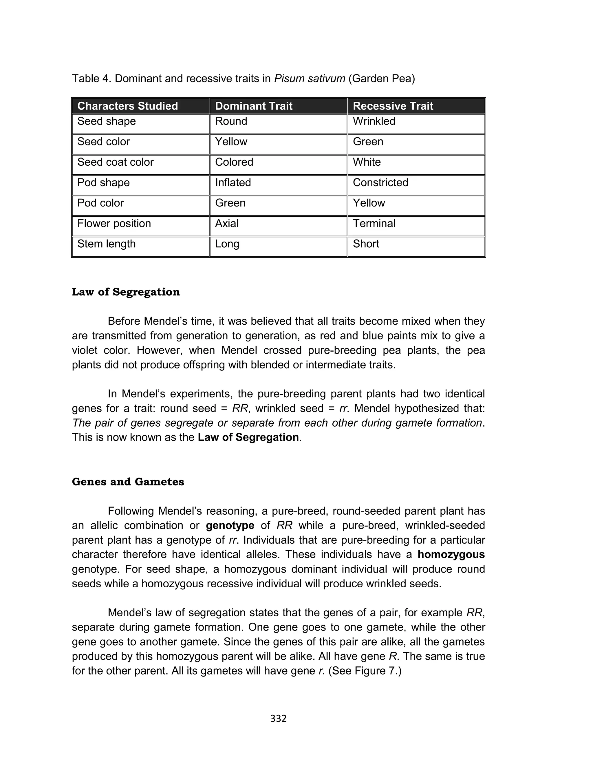 332
Table 4. Dominant and recessive traits in Pisum sativum (Garden Pea)
Characters Studied Dominant Trait Recessive Trait
Seed shape Round Wrinkled
Seed color Yellow Green
Seed coat color Colored White
Pod shape Inflated Constricted
Pod color Green Yellow
Flower position Axial Terminal
Stem length Long Short
Law of Segregation
Before Mendel’s time, it was believed that all traits become mixed when they
are transmitted from generation to generation, as red and blue paints mix to give a
violet color. However, when Mendel crossed pure-breeding pea plants, the pea
plants did not produce offspring with blended or intermediate traits.
In Mendel’s experiments, the pure-breeding parent plants had two identical
genes for a trait: round seed = RR, wrinkled seed = rr. Mendel hypothesized that:
The pair of genes segregate or separate from each other during gamete formation.
This is now known as the Law of Segregation.
Genes and Gametes
Following Mendel’s reasoning, a pure-breed, round-seeded parent plant has
an allelic combination or genotype of RR while a pure-breed, wrinkled-seeded
parent plant has a genotype of rr. Individuals that are pure-breeding for a particular
character therefore have identical alleles. These individuals have a homozygous
genotype. For seed shape, a homozygous dominant individual will produce round
seeds while a homozygous recessive individual will produce wrinkled seeds.
Mendel’s law of segregation states that the genes of a pair, for example RR,
separate during gamete formation. One gene goes to one gamete, while the other
gene goes to another gamete. Since the genes of this pair are alike, all the gametes
produced by this homozygous parent will be alike. All have gene R. The same is true
for the other parent. All its gametes will have gene r. (See Figure 7.)
 