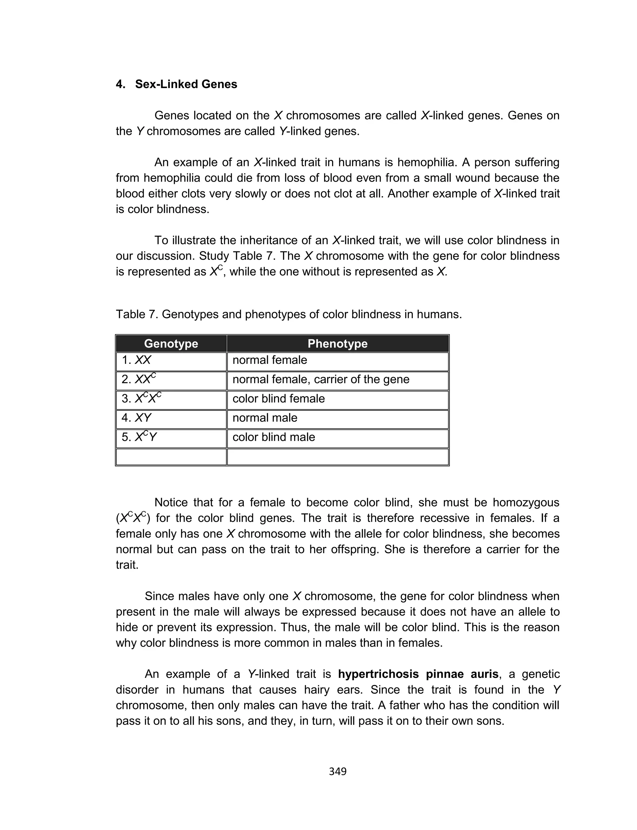 349
4. Sex-Linked Genes
Genes located on the X chromosomes are called X-linked genes. Genes on
the Y chromosomes are called Y-linked genes.
An example of an X-linked trait in humans is hemophilia. A person suffering
from hemophilia could die from loss of blood even from a small wound because the
blood either clots very slowly or does not clot at all. Another example of X-linked trait
is color blindness.
To illustrate the inheritance of an X-linked trait, we will use color blindness in
our discussion. Study Table 7. The X chromosome with the gene for color blindness
is represented as XC
, while the one without is represented as X.
Table 7. Genotypes and phenotypes of color blindness in humans.
Genotype Phenotype
1. XX normal female
2. XXC
normal female, carrier of the gene
3. XC
XC
color blind female
4. XY normal male
5. XC
Y color blind male
Notice that for a female to become color blind, she must be homozygous
(XC
XC
) for the color blind genes. The trait is therefore recessive in females. If a
female only has one X chromosome with the allele for color blindness, she becomes
normal but can pass on the trait to her offspring. She is therefore a carrier for the
trait.
Since males have only one X chromosome, the gene for color blindness when
present in the male will always be expressed because it does not have an allele to
hide or prevent its expression. Thus, the male will be color blind. This is the reason
why color blindness is more common in males than in females.
An example of a Y-linked trait is hypertrichosis pinnae auris, a genetic
disorder in humans that causes hairy ears. Since the trait is found in the Y
chromosome, then only males can have the trait. A father who has the condition will
pass it on to all his sons, and they, in turn, will pass it on to their own sons.
 