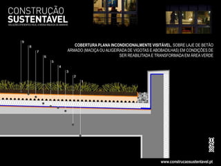 COBERTURA PLANA INCONDICIONALMENTE VISITÁVEL, SOBRE LAJE DE BETÃO
                         ARMADO (MACIÇA OU ALIGEIRADA DE VIGOTAS E ABOBADILHAS) EM CONDIÇÕES DE
                                                  SER REABILITADA E TRANSFORMADA EM ÁREA VERDE




CURSO CONSTRUÇÃO SUSTENTÁVEL I                                       www.construcaosustentavel.pt
 