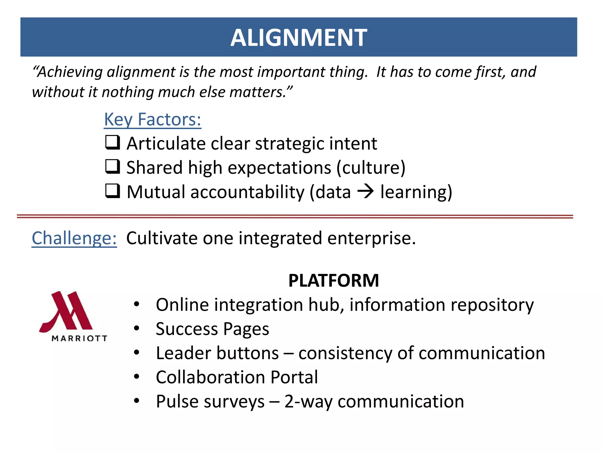 Key Factors:
 Articulate clear strategic intent
 Shared high expectations (culture)
 Mutual accountability (data  learning)
ALIGNMENT
“Achieving alignment is the most important thing. It has to come first, and
without it nothing much else matters.”
PLATFORM
• Online integration hub, information repository
• Success Pages
• Leader buttons – consistency of communication
• Collaboration Portal
• Pulse surveys – 2-way communication
Challenge: Cultivate one integrated enterprise.
 