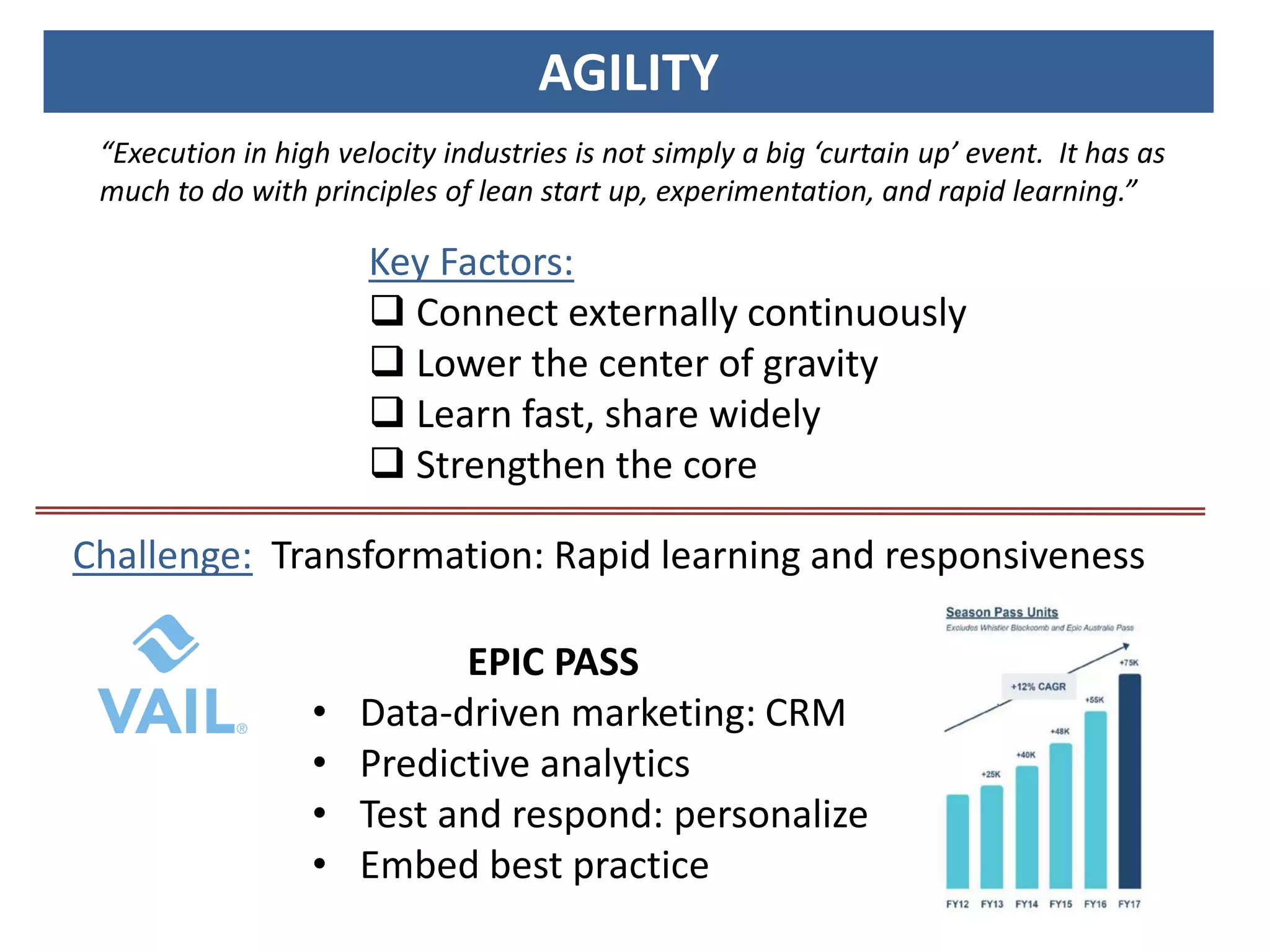 Key Factors:
 Connect externally continuously
 Lower the center of gravity
 Learn fast, share widely
 Strengthen the core
AGILITY
“Execution in high velocity industries is not simply a big ‘curtain up’ event. It has as
much to do with principles of lean start up, experimentation, and rapid learning.”
EPIC PASS
• Data-driven marketing: CRM
• Predictive analytics
• Test and respond: personalize
• Embed best practice
Challenge: Transformation: Rapid learning and responsiveness
 