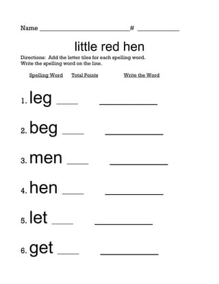 Name ____________________________# _____________


                        little red hen
Directions: Add the letter tiles for each spelling word.
Write the spelling word on the line.

     Spelling Word    Total Points            Write the Word




1.   leg ______                      _________

2.   beg ______                      _________

3.   men ______                         _________

4.   hen ______                      _________

5.   let ______                  _________

6.   get ______                      _________
 