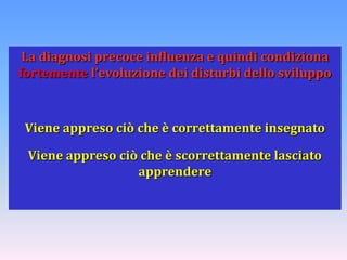 La diagnosi precoce influenza e quindi condiziona
fortemente l’evoluzione dei disturbi dello sviluppo

Viene appreso ciò che è correttamente insegnato

Viene appreso ciò che è scorrettamente lasciato
apprendere

 