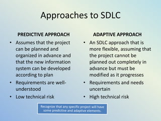 Approaches to SDLC
PREDICTIVE APPROACH
• Assumes that the project
can be planned and
organized in advance and
that the new information
system can be developed
according to plan
• Requirements are well-
understood
• Low technical risk
ADAPTIVE APPROACH
• An SDLC approach that is
more flexible, assuming that
the project cannot be
planned out completely in
advance but must be
modified as it progresses
• Requirements and needs
uncertain
• High technical risk
 