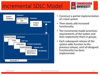 Incremental SDLC Model
• Construct a partial implementation
of a total system
• Then slowly add increased
functionality
• The incremental model prioritizes
requirements of the system and
then implements them in groups.
• Each subsequent release of the
system adds function to the
previous release, until all designed
functionality has been
implemented.
30-05-2024 Prof. (Dr.) Poonam Panwar 24
 