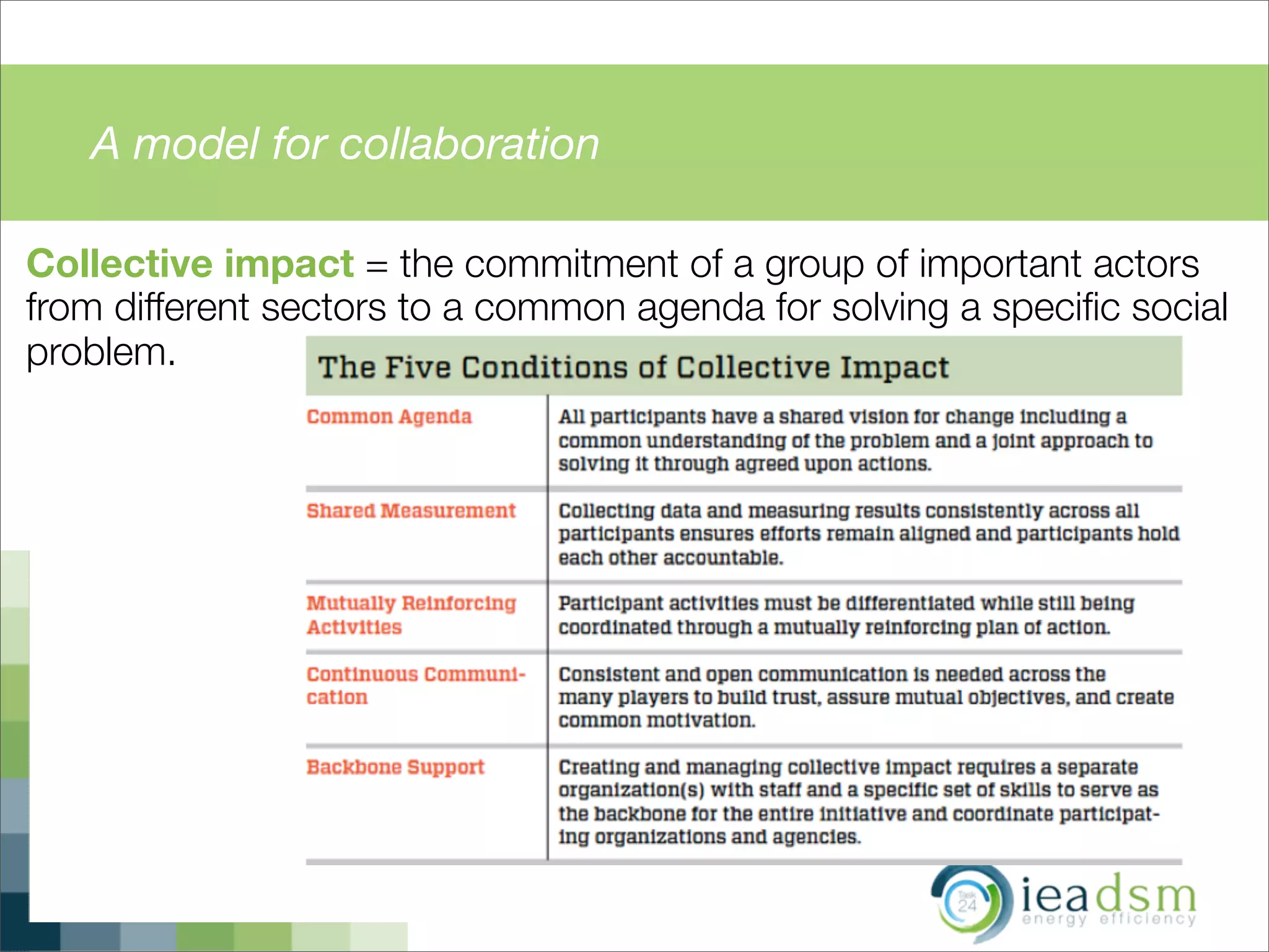 A model for collaboration
Collective impact = the commitment of a group of important actors
from different sectors to a common agenda for solving a speciﬁc social
problem.
 
